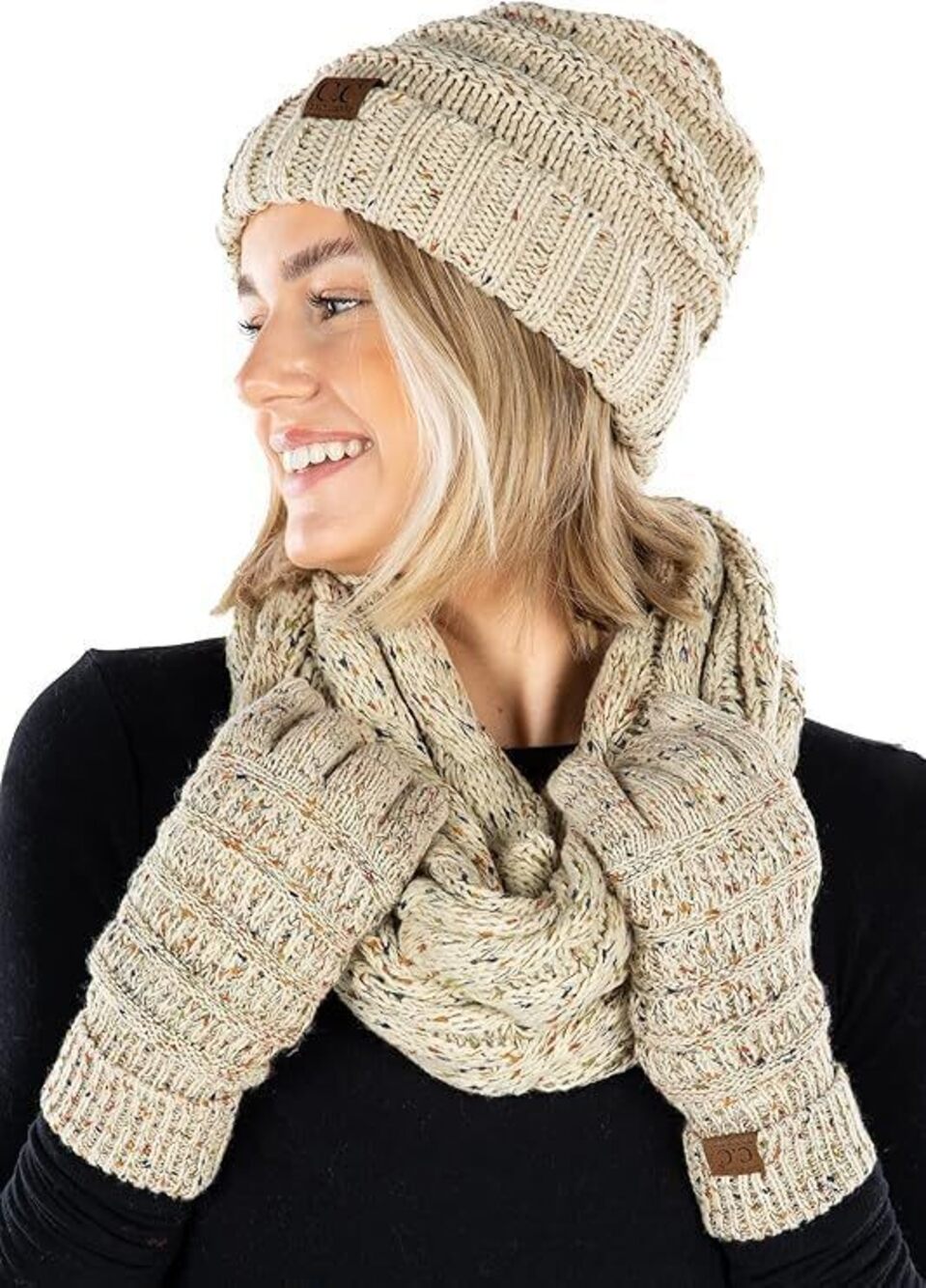 4229 Matching 3 Pack Oversized Beanie, Glove, & Scarf Bundle: Confetti